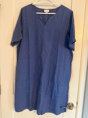 J.Jill Pure Jill Linen Dress Size Large Blue Short Sleeve Shift NWT Detached Tag